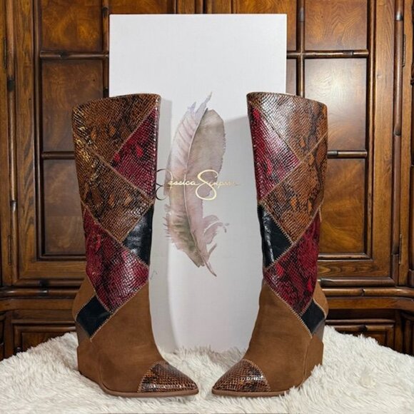 Jessica Simpson Henlee Dark Tan Glossy Desert Snake Combo Textured Wedge Boot - Picture 2 of 16